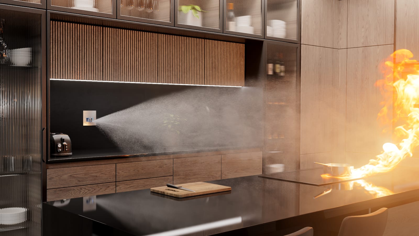 Automist: Il sistema antincendio con AI progettato per inserirsi negli interni perfettamente sia sotto il profilo estetico che impiantistico. Spegne un fuoco