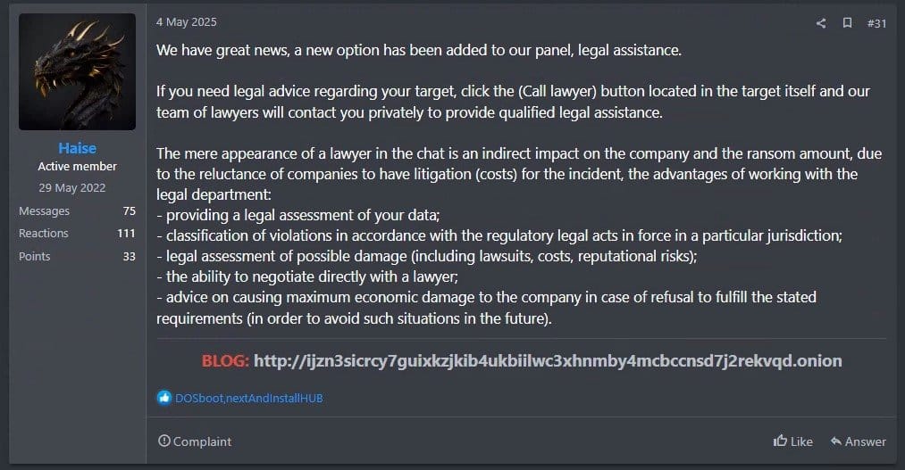 Figura 2 - Qilin promuove nuovi strumenti di estorsione sul forum Ramp