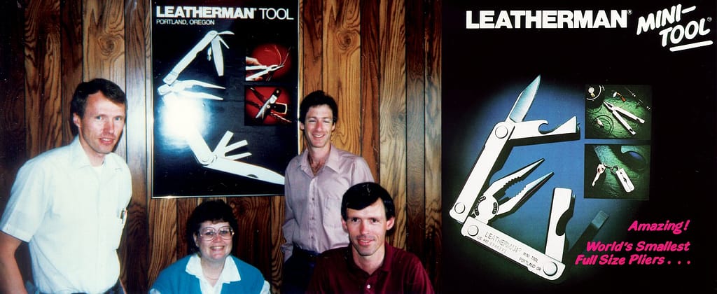 il team leatherman nel 1986 e una pubblicità del famoso primo Mini Tool