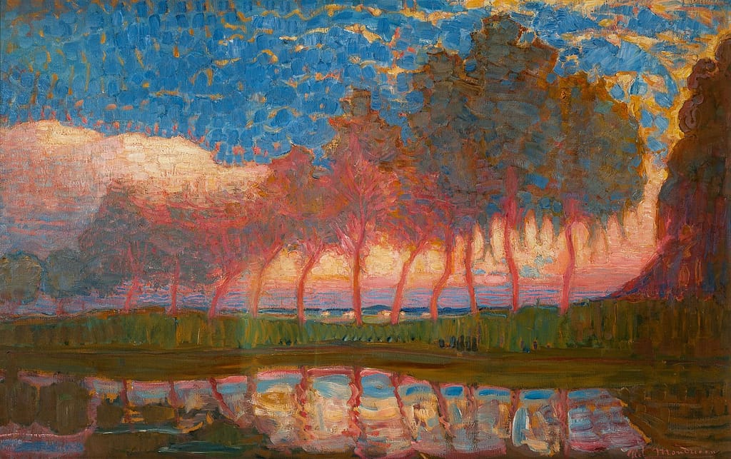 Piet Mondrian, Filare di undici pioppi in rosso, giallo, blu e verde, 1908
olio su tela, cm 69 x 112
Museum de Fundatie, collezione della Stichting Hannema-de Stuers Fundatie, Zwolle e Heino/Wijhe, Paesi Bassi
