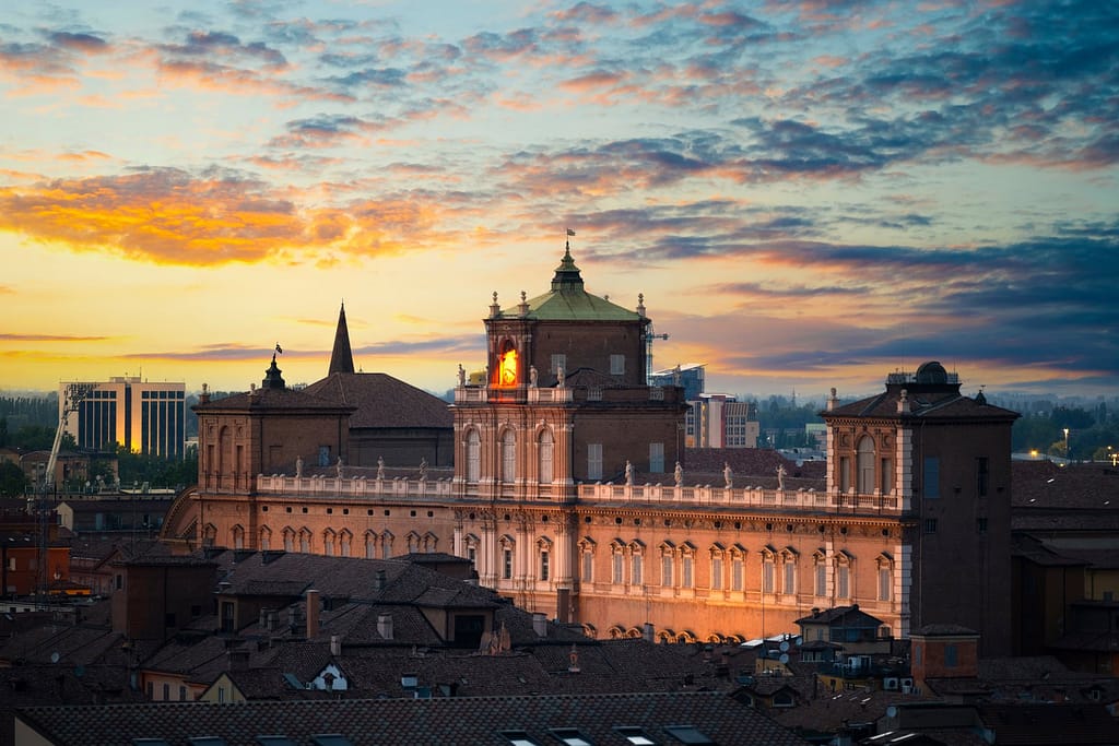 The city of Modena seen during a summer sunset from above. Modena, Emilia Romagna, Italy