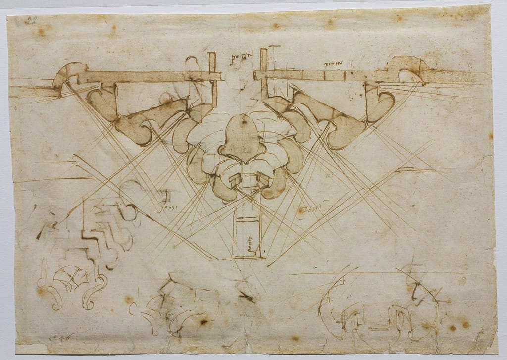 02b_MICHELANGELO-BUONARROTI-Studio-di-fortificazione-della-Porta-al-Prato-di-Ognissanti-XVI-sec.-disegno-a-penna-e-acquerello-marrone-su-carta-Firenze
