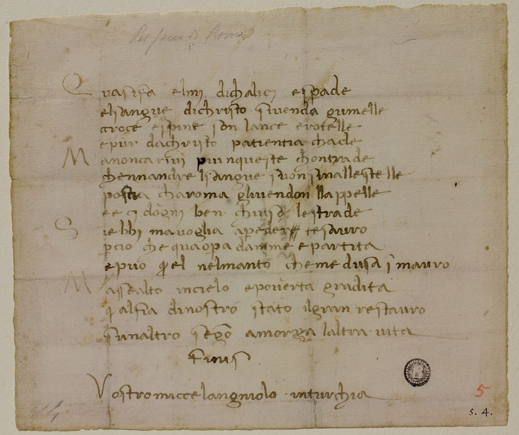 Qua si fa elmi di calici e spade 1512 Sonetto penna su carta Firenze, Archivio Buonarroti