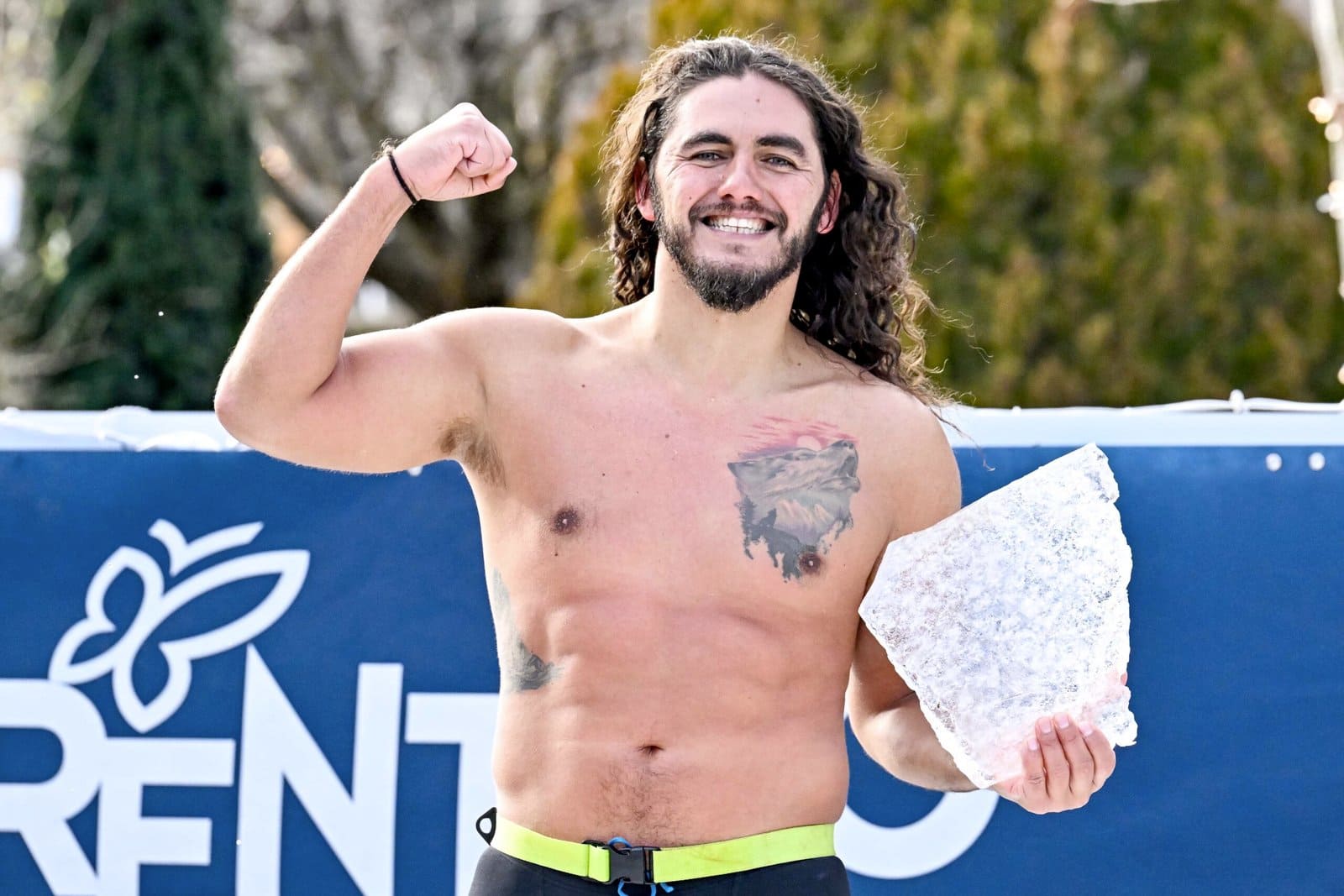 Athlete with a piece of ice after competing in the 50m Butterfly Men Heats during the IISA 6th World Ice Swimming Championships in Molveno, Italy, January 16, 2025.