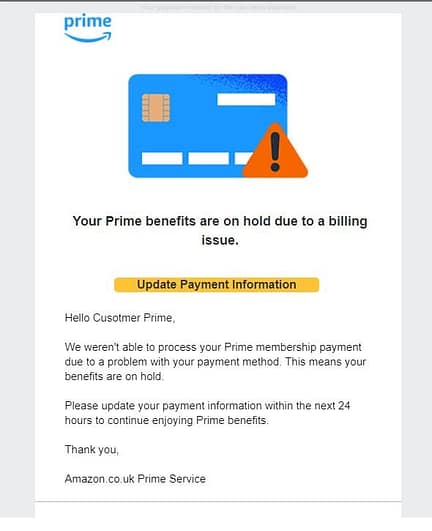 esempio di e-mail phishing durante amazon prime day
