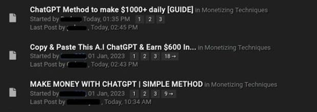 Figure 5. Multiple threads in the underground forums on how to use ChatGPT for fraud activity