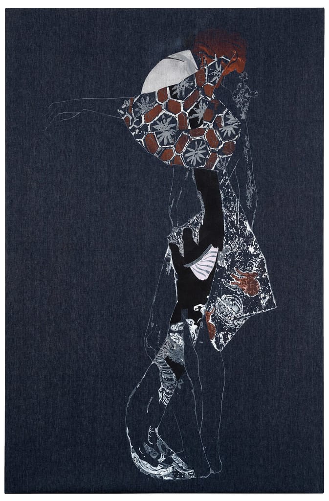 Un'opera di Marta Spagnoli su tela jeans Candiani