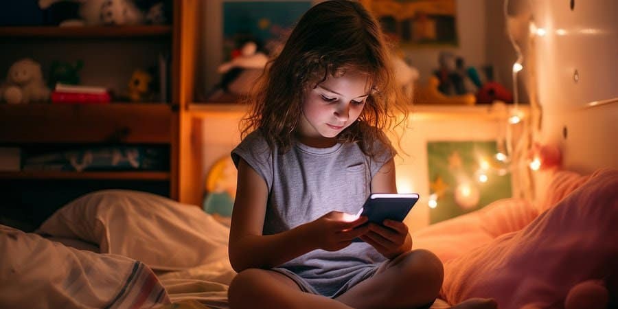 una ragazzina gioca col cellulare di sera